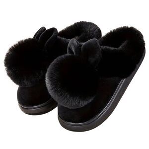 Women's Rabbit Bunny Ear Plush Slippers Black Size 7 Indoor Warm Cozy Soft